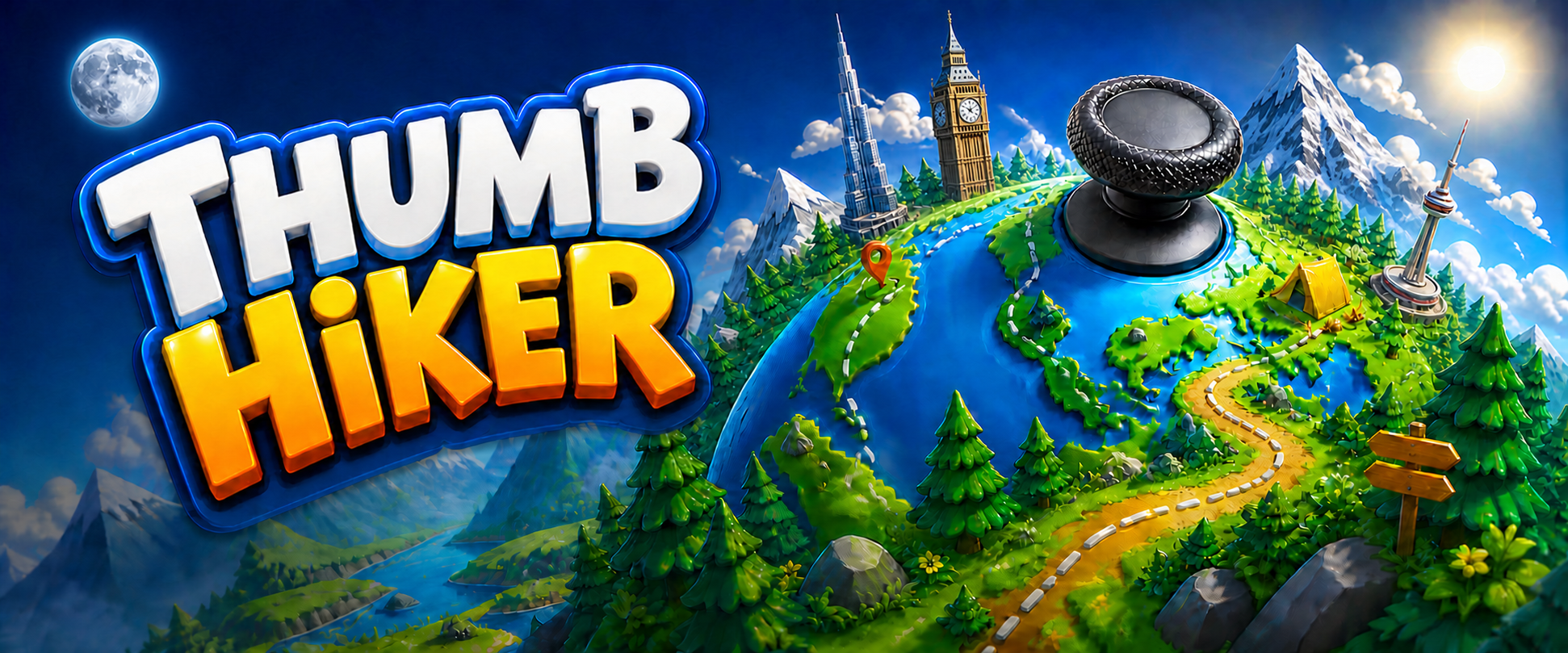 Thumb Hiker world with landmarks and a controller thumbstick